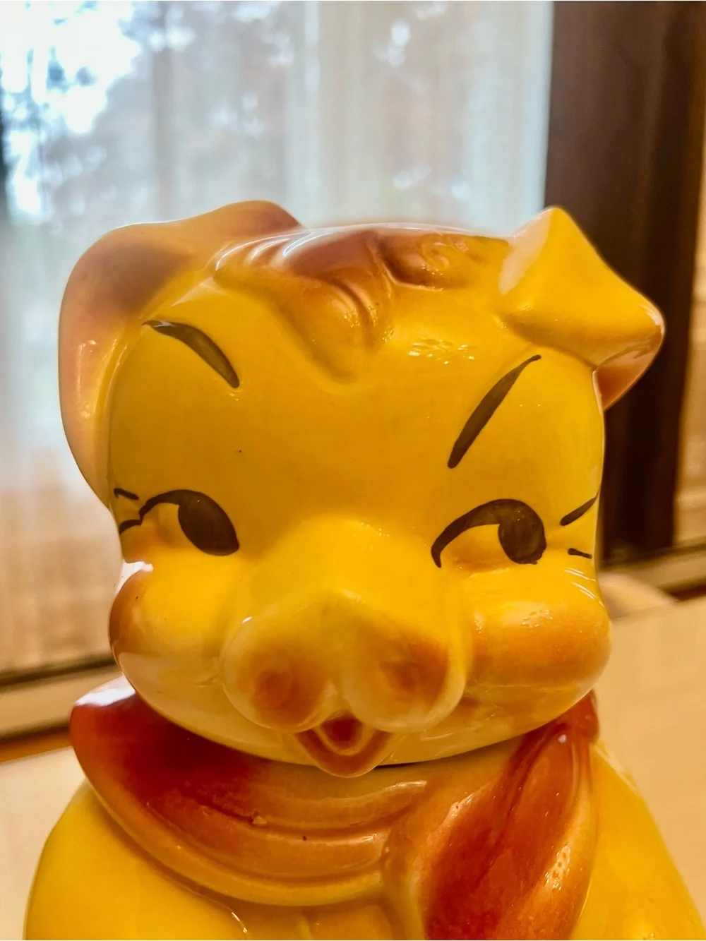 Vintage American Bisque Pig Cookie Jar with Scarf and patch